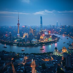 View of Shanghai skyline panoramic cityscape at night
