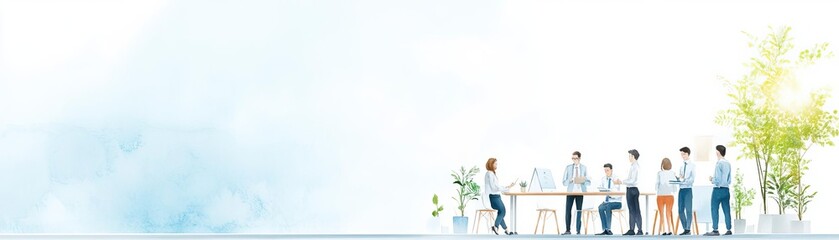 Obraz premium An international business meeting in a modern workspace, with professionals reviewing branding strategies and discussing carbon footprint reduction, with a spacious area for text