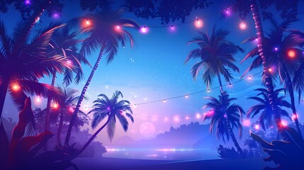 Stylish Modern Flyer for a Summer Party Featuring a Palm Tree and Festive Lights