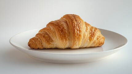 A croissant placed on a white ceramic dish, its golden, flaky crust standing out against a bright background, symbolizing a fresh morning snack.
