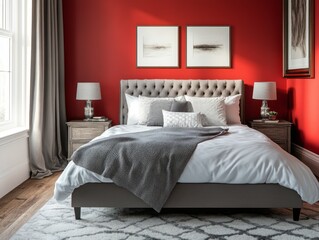 A bedroom with red walls, light grey bedding, and grey accents on the bedside lamp, pillows, and rug