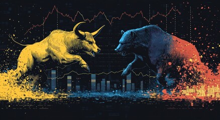 A bull and bear fighting with a stock market graph background