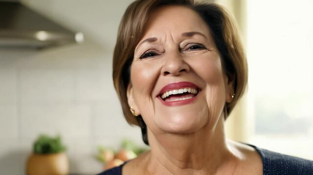 Static video, natural window light, close-up of a middle-aged woman with laugh lines.