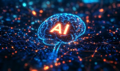 A glowing AI brain on a network.