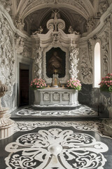 Obraz premium Ornate Baroque Chapel Interior with Detailed Altar and Marble Inlays