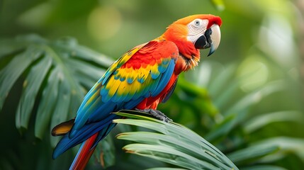 Fototapeta premium Vibrant Parrot Perched on a Leaf in a Tropical Setting