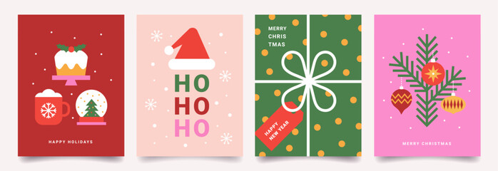 Set of Merry Christmas and Happy New Year minimalist trendy cards. Modern Xmas flat design with geometric pattern of holiday icons. Vector template for banner, poster, holiday cover.