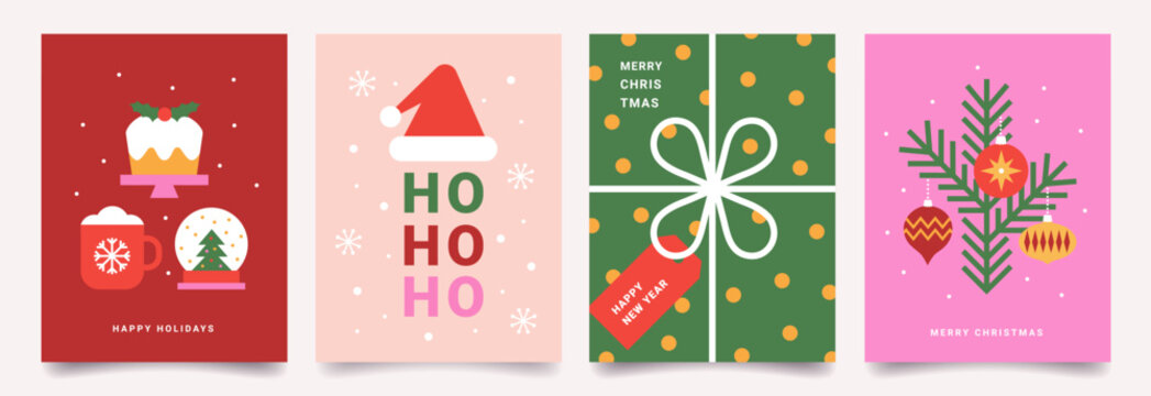 Set of Merry Christmas and Happy New Year minimalist trendy cards. Modern Xmas flat design with geometric pattern of holiday icons. Vector template for banner, poster, holiday cover.