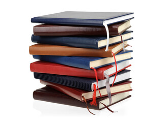 Stack of diaries or books with colorful covers on white background