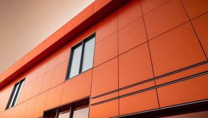 The image displays a modern building facade with vibrant orange panels and rectangular windows set against a clear sky