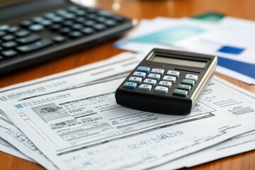 Calculator on a desk with financial documents and office supplies in the background