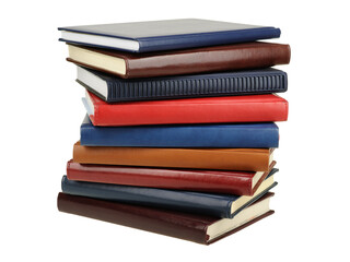 Stack of diaries or books with colorful covers on white background