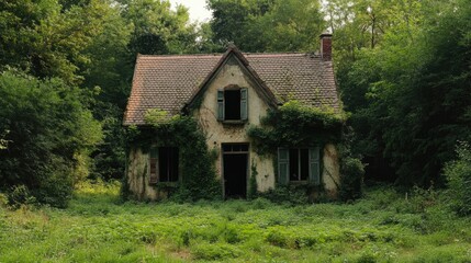Obraz premium House surrounded by dense overgrown vegetation in a forested area