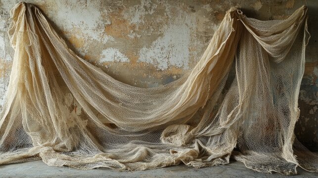 Worn fishing nets draped against a textured wall backdrop
