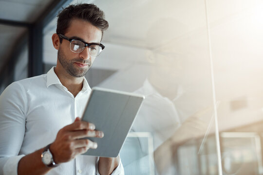 Tablet, research and businessman in office online for social media, report and planning in workplace. Professional, vision and male person on digital tech for project ideas, website and thinking