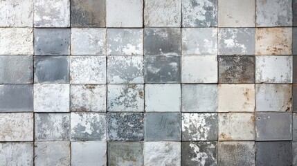 Vintage shabby patchwork tiles with a textured stone and concrete wall featuring a worn gray appearance ideal for backgrounds or banners