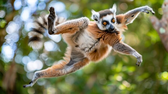 Leaping Lemur Navigating Tropical Forest Branch in Graceful Motion
