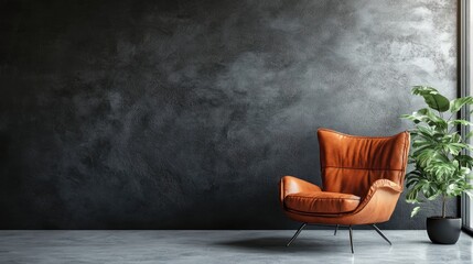 Loft inspired interior featuring a leather armchair set against a sleek dark cement wall exuding a stylish atmosphere