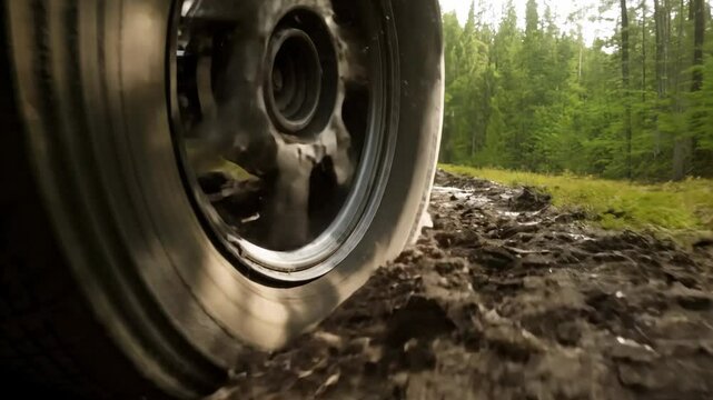 Close-up of a muddy truck tire spinning through a forest trail as mud splashes up in a dynamic off-road scene.