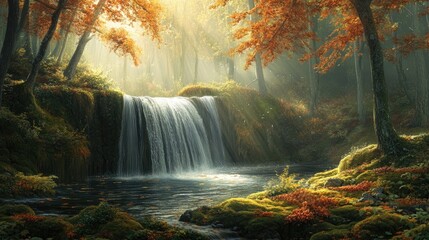 A tranquil forest glade in autumn showcases moss and a waterfall illuminated by soft afternoon light highlighting the serene beauty and seasonal transformation of nature