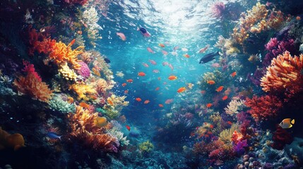 Naklejka premium Vibrant tropical coral reef teeming with fish in underwater landscapes