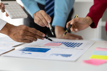 Meeting of business executive, consultant discussing analysis of the company financial situation and business planning with partner collaboration, consultation of strategy. Analyzing statistical data.