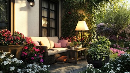 Fototapeta premium Cozy outdoor living space featuring a garden corner with flowers and a lamp perfect for summer evenings on the patio