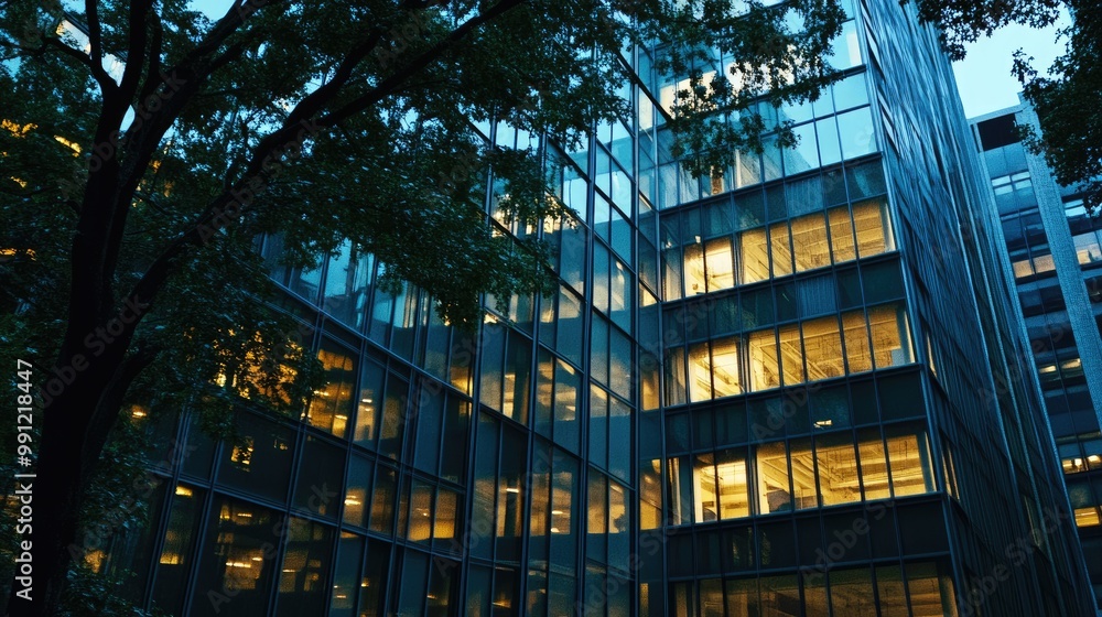 Poster glowing rectangular lines illuminate the building as dusk approaches