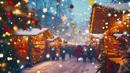 Obraz premium Vibrant holiday market in winter featuring colorful decorations and falling snowflakes