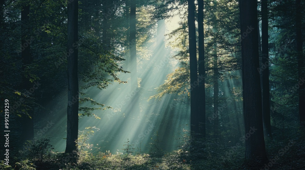Poster bright light filters through dense trees in a forest