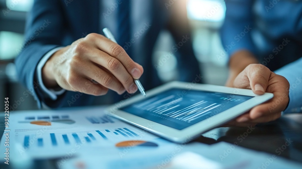 Poster dynamic office scene featuring business colleagues analyzing a project on a tablet illustrating the 