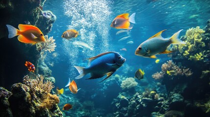 Diverse group of fish swimming together captured in an underwater scene from a low angle