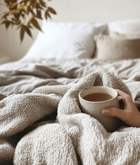 Female hands holding a cup of coffee in a bed. Cozy morning