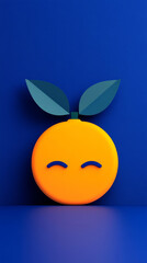 Smiling orange with green leaves on a blue background.
