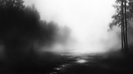 Foggy black and white landscape with a moody grim atmosphere