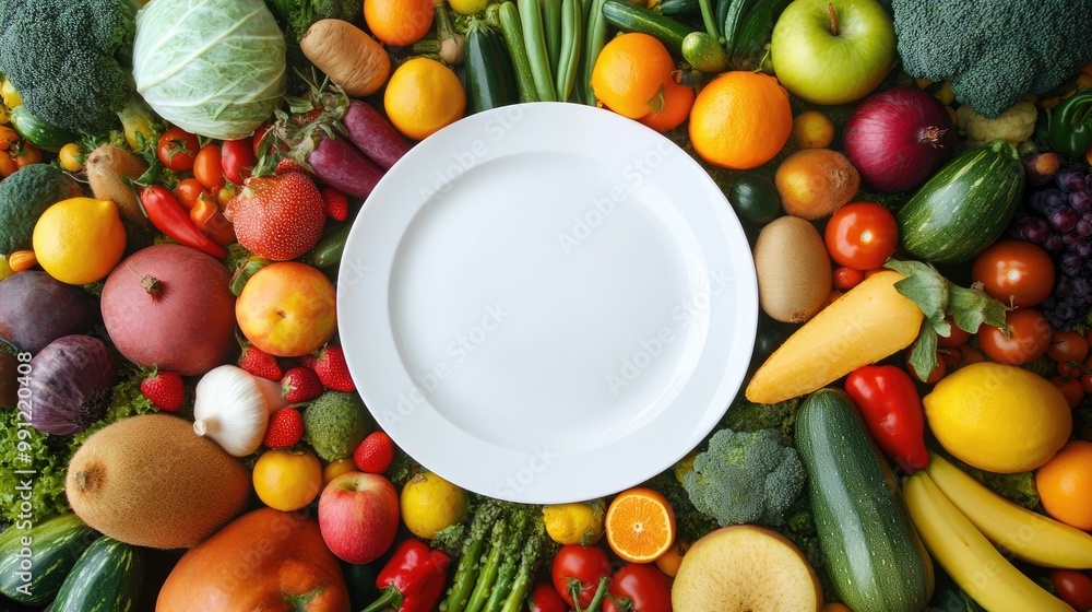 Poster a vibrant display of assorted fruits and vegetables encircling an empty plate ideal for promoting he