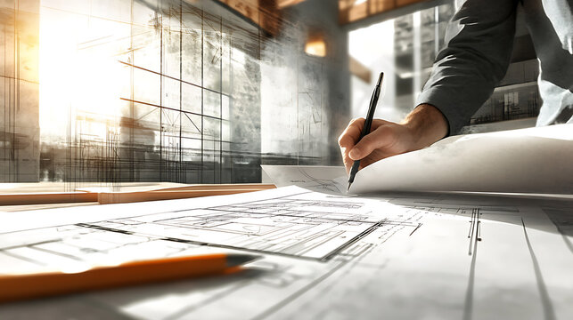 background with an architect working on blueprints in a contemporary design studio