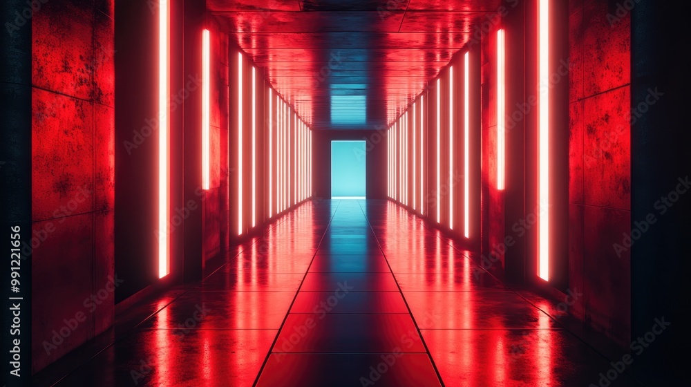 Poster futuristic neon lamps illuminate a dark corridor casting reflections on the floor and walls creating