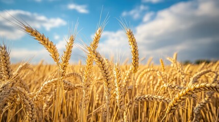 Fototapeta premium Vibrant agricultural landscape featuring ripening wheat Summer cereal grain field under the sun