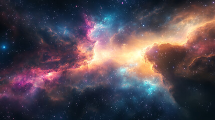 A cosmic scene with galaxies and nebulae blending into a horizon filled with swirling colours