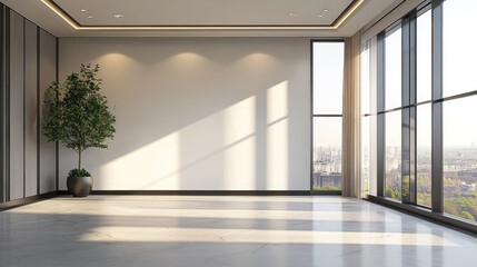 Obraz premium Spacious luxury apartment room featuring a large window and ample blank space ideal for showcasing residential interior design concepts