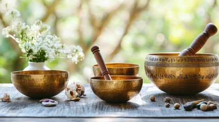 Singing bowl for relaxation massage and meditation Represents alternative wellness practices with bowls for yoga sound therapy and achieving harmony