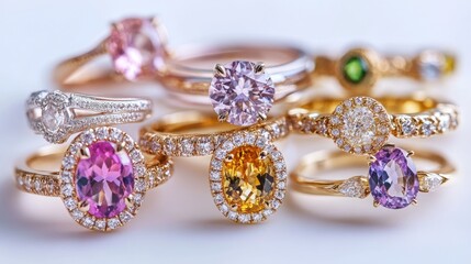 Luxury jewelry featuring pink and yellow gold with a variety of diamond rings and precious colored gemstones displayed on a white background