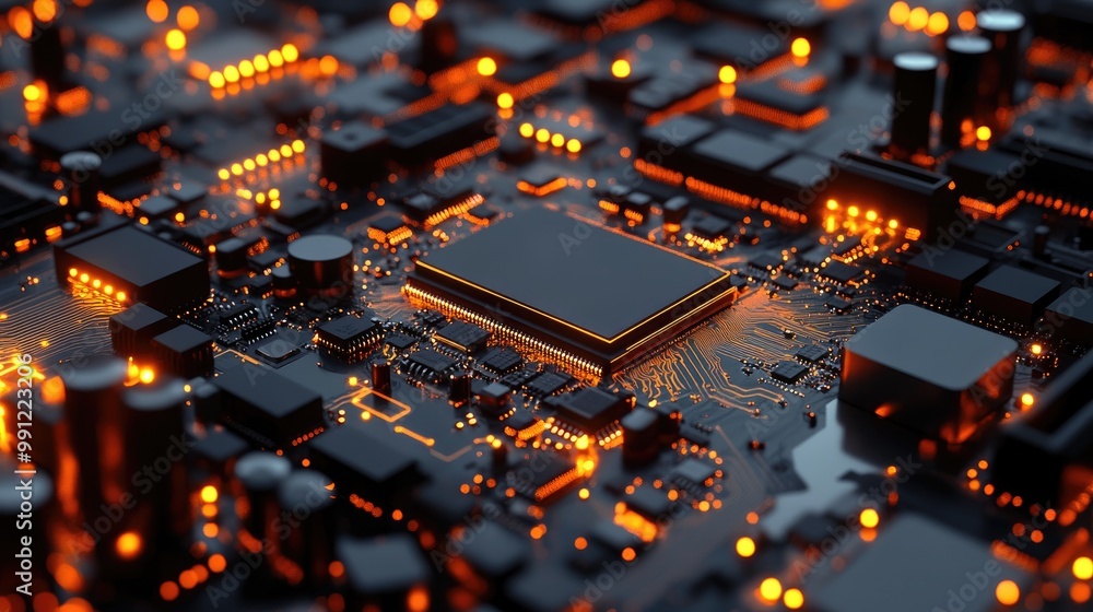 Poster illuminated computer motherboard highlighting the strength of computing technology