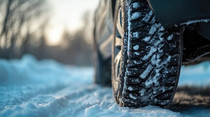 Wheels equipped with winter tires on snow prepared for challenging weather conditions