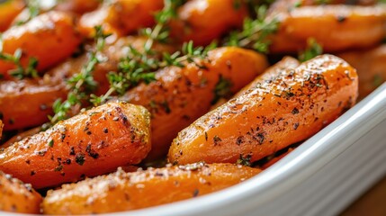 Herb infused roasted carrots served in a white ceramic dish Close up food photography