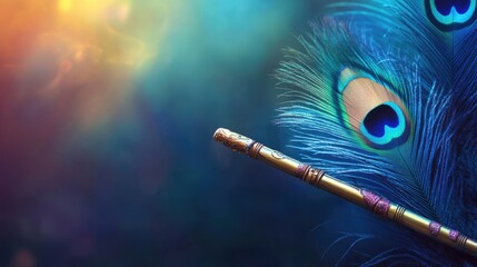 Elegant peacock feather and flute representing the divine essence of Lord Krishna highlighting elements of Indian culture and spirituality Background space available for banners or posters