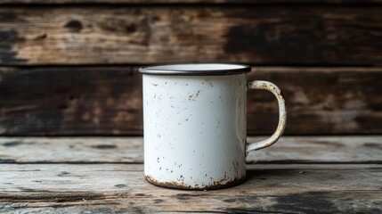 Rustic White Metal Mug on a Weathered Wooden Surface in a Dilapidated Setting