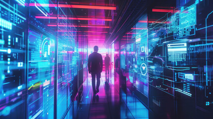 Obraz premium A digital workplace filled with the latest tech innovations, from biometric access systems to AI-powered project tracking.