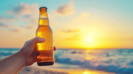 Hand Holding Beer Bottle at Beach Sunset